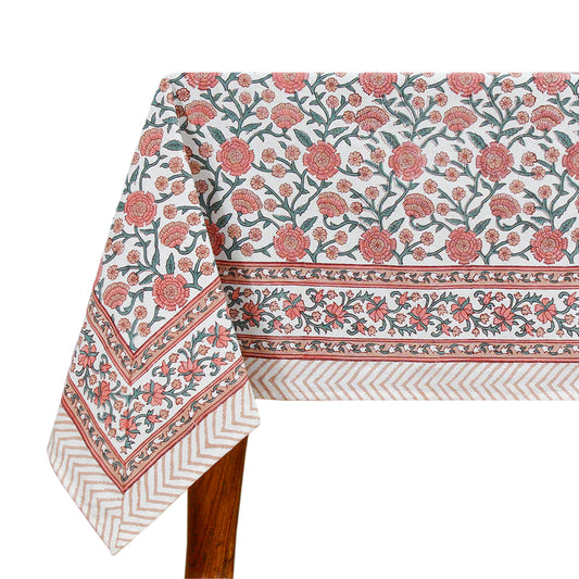 Block Printed Pink and White Table Cover For Dinning Decor - My Store