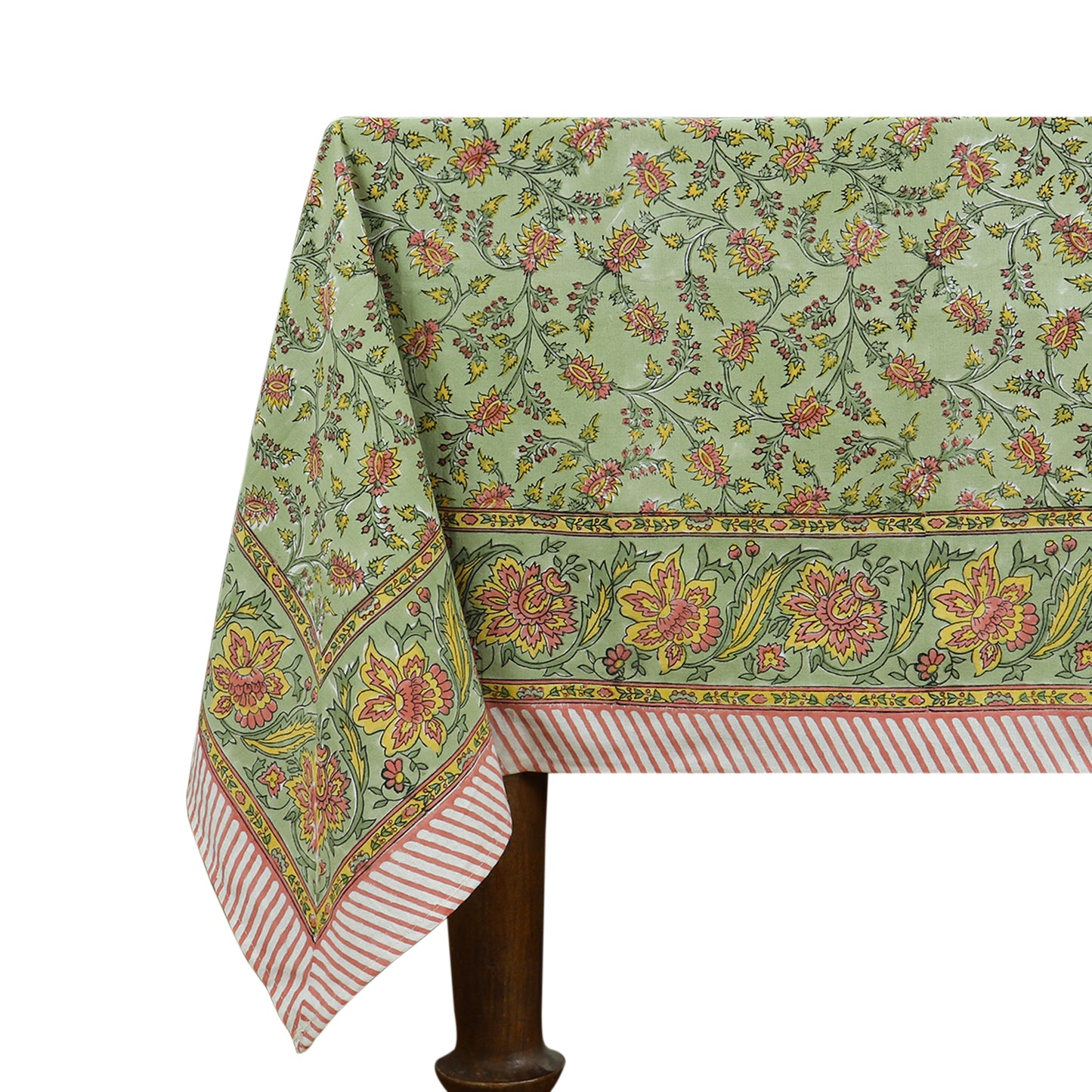 Green and Yellow Indian Hand Block Floral Printed Tablecloth - My Store