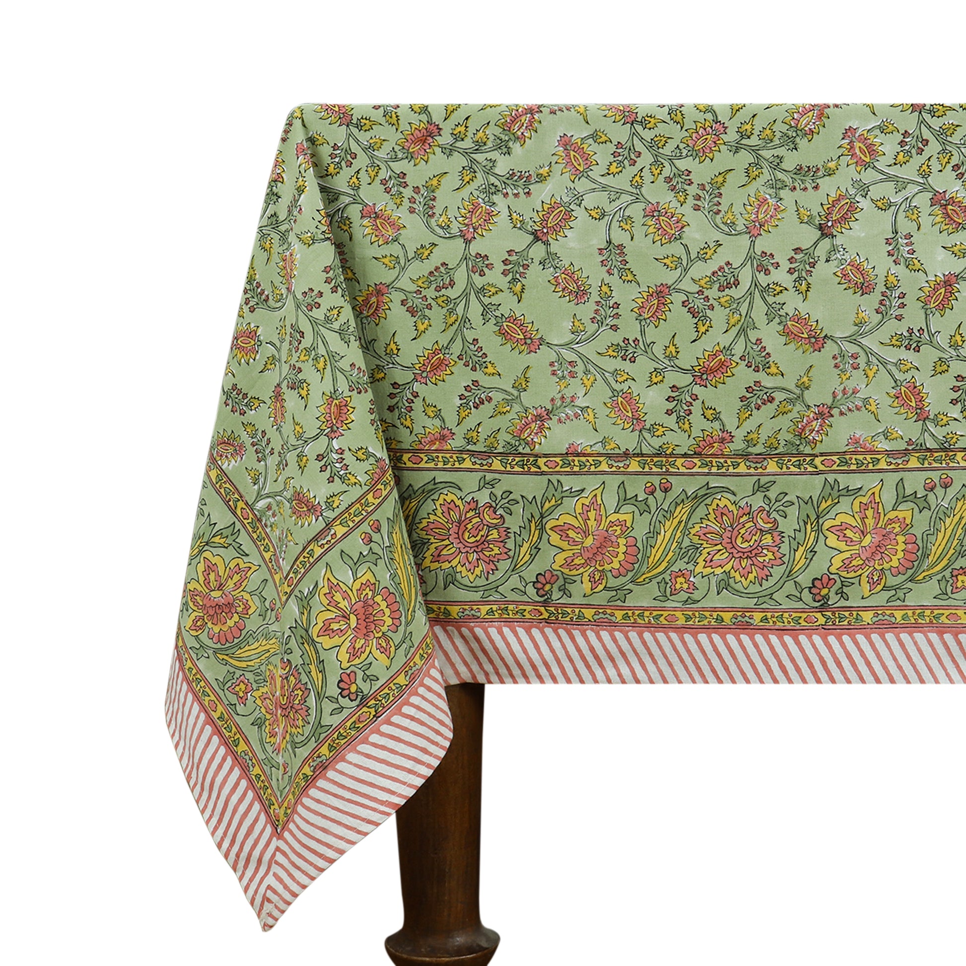 Green and Yellow Indian Hand Block Floral Printed Tablecloth - My Store
