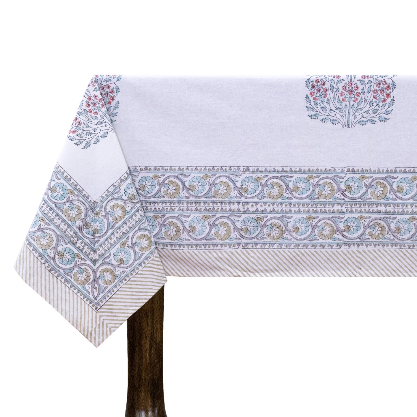 Artisan Block Print Cotton Tablecloth, White and Orange Indian Rectangle Dining Cover - My Store