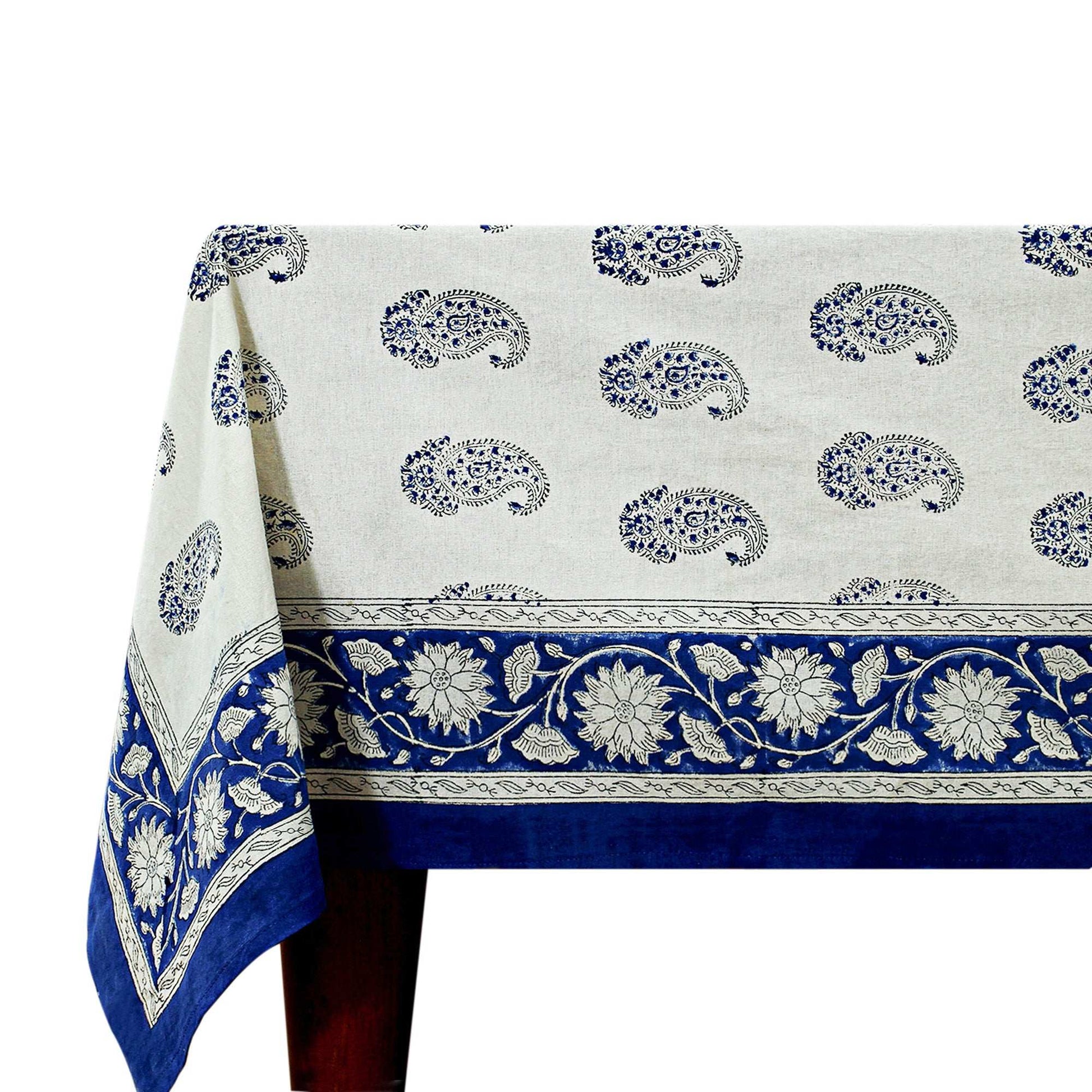 Blue & White Hand Block Printed Tablecloth - Dinner Table Linen - My Store