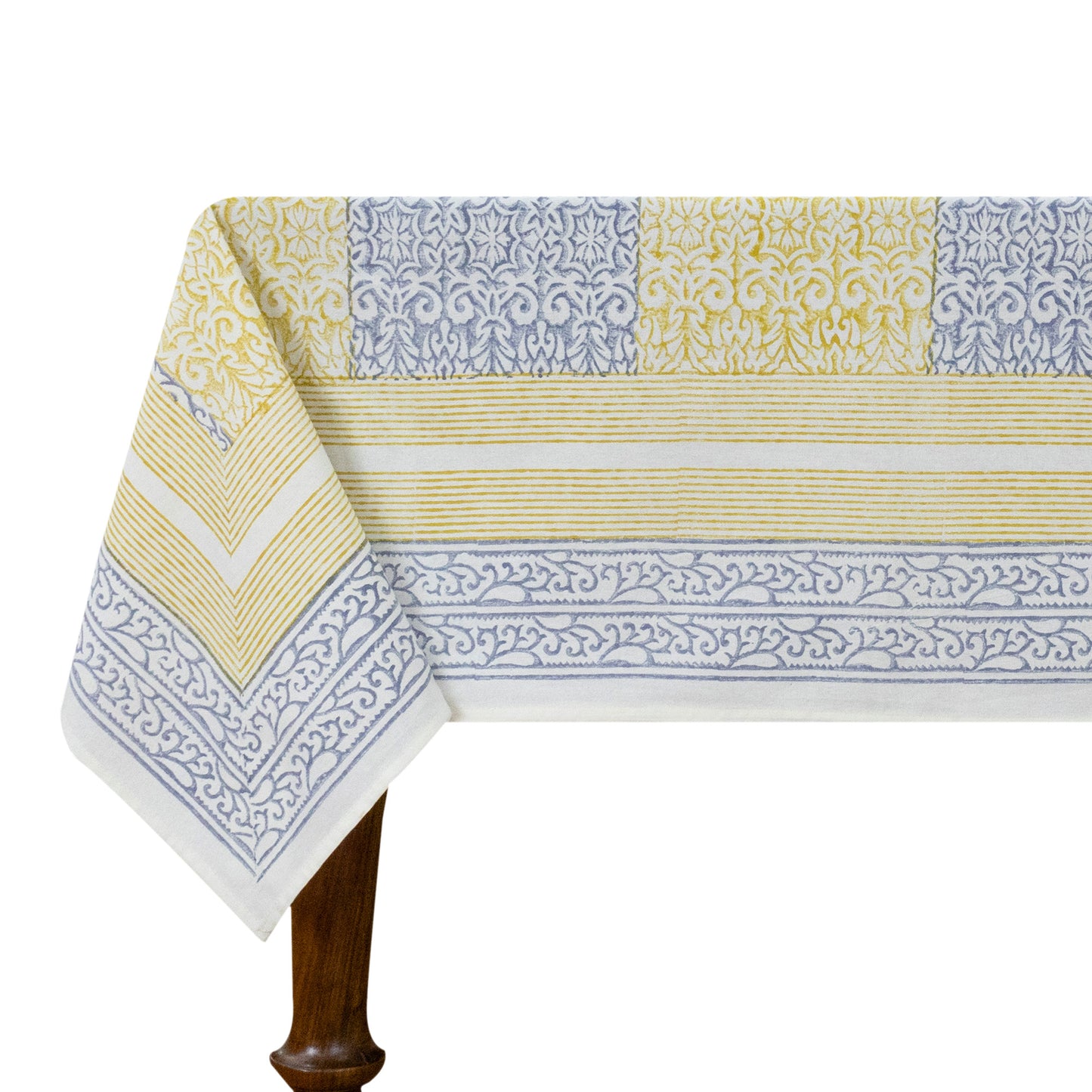 Indian Handmade Block Printed Cotton Yellow and Blue Rectangle Tablecloth - My Store