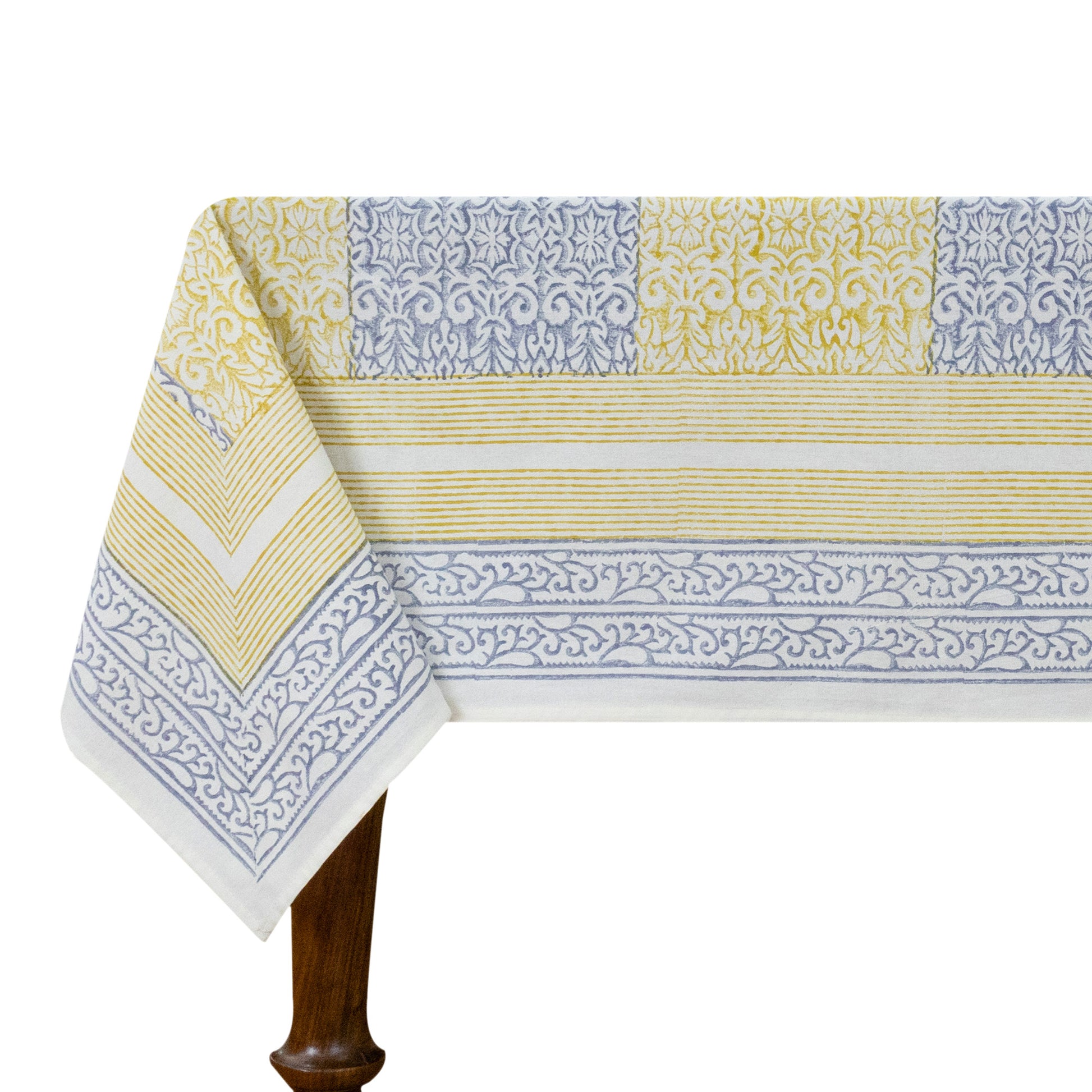 Indian Handmade Block Printed Cotton Yellow and Blue Rectangle Tablecloth - My Store