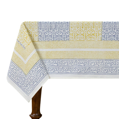 Indian Handmade Block Printed Cotton Yellow and Blue Rectangle Tablecloth - My Store