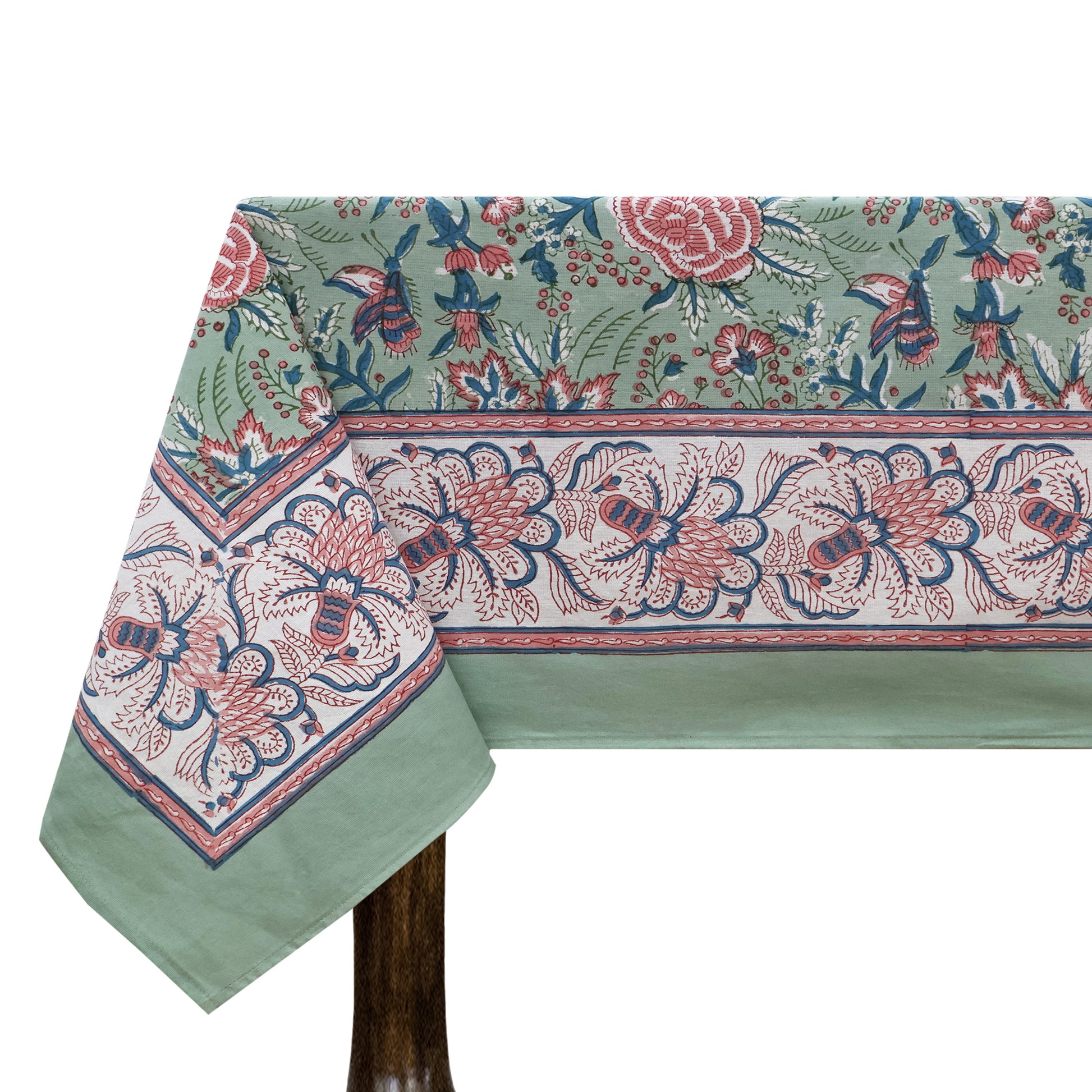 Green And Pink Block Print Handmade Cotton Premium Quality Tablecloth - My Store