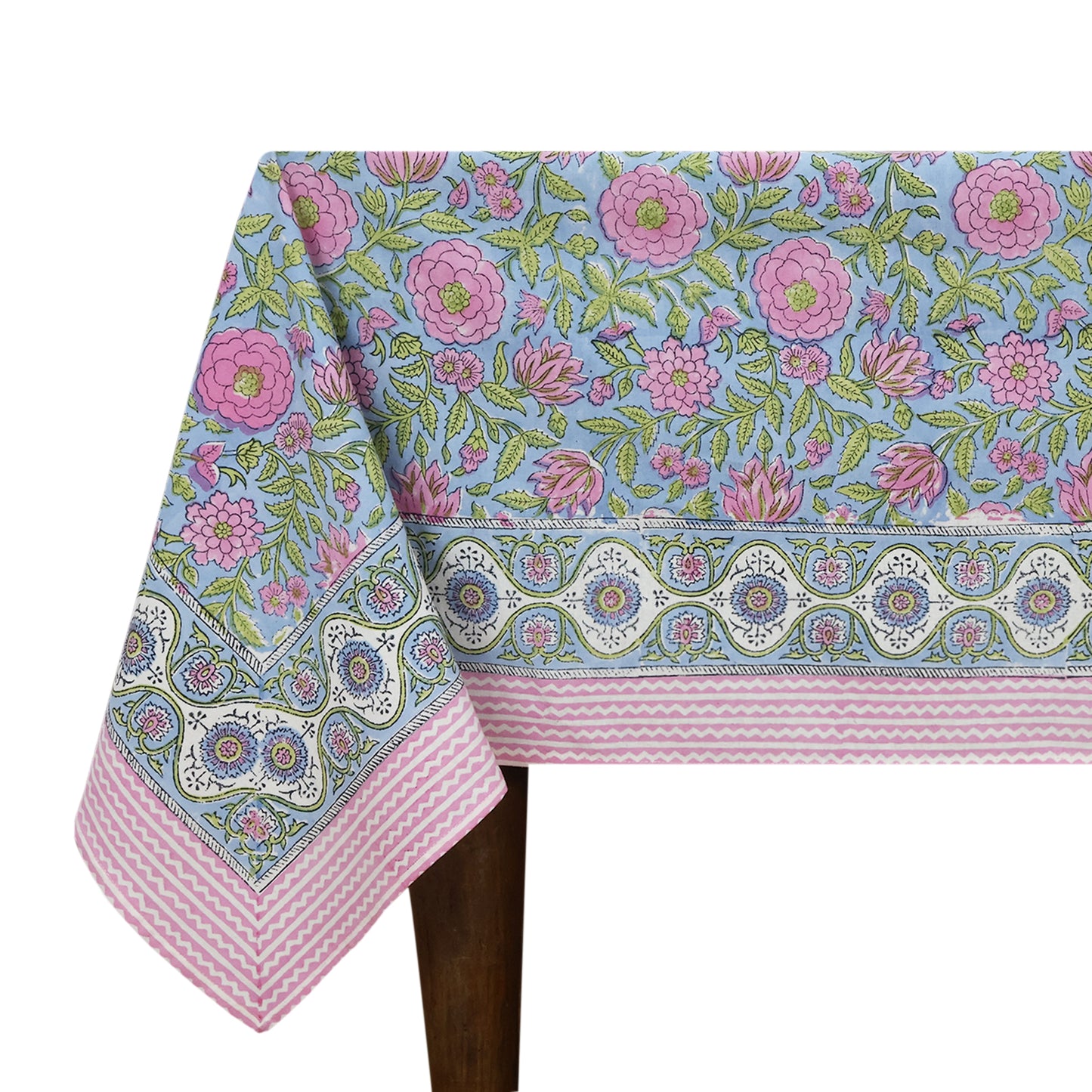 Indian Hand Block Printed Floral Rectangle Pink and Green Tablecloth - My Store
