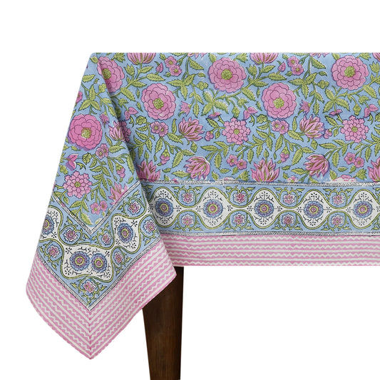 Indian Hand Block Printed Floral Rectangle Pink and Green Tablecloth - My Store