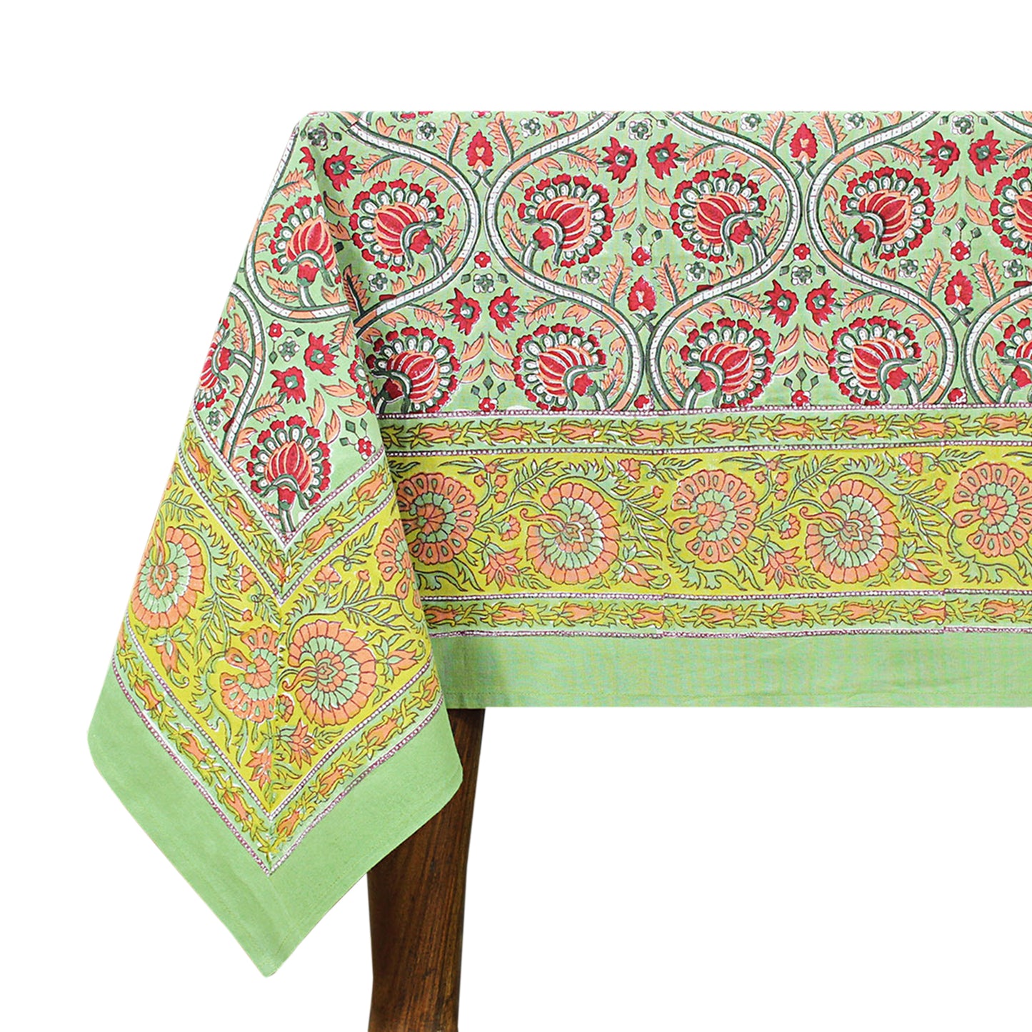 Indian Hand Block Printed Red and Green Rectangle Tablecloth - My Store
