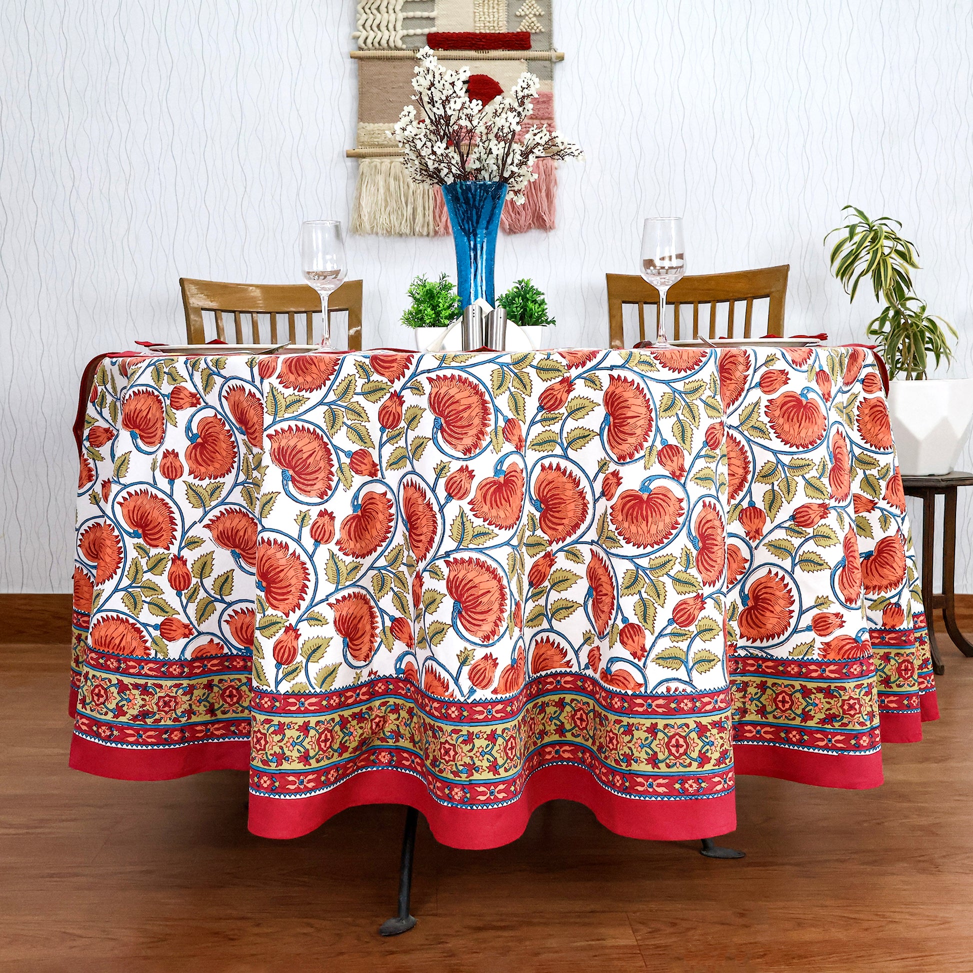 Floral Handmade Block Printed Cotton Round Tablecloth - My Store