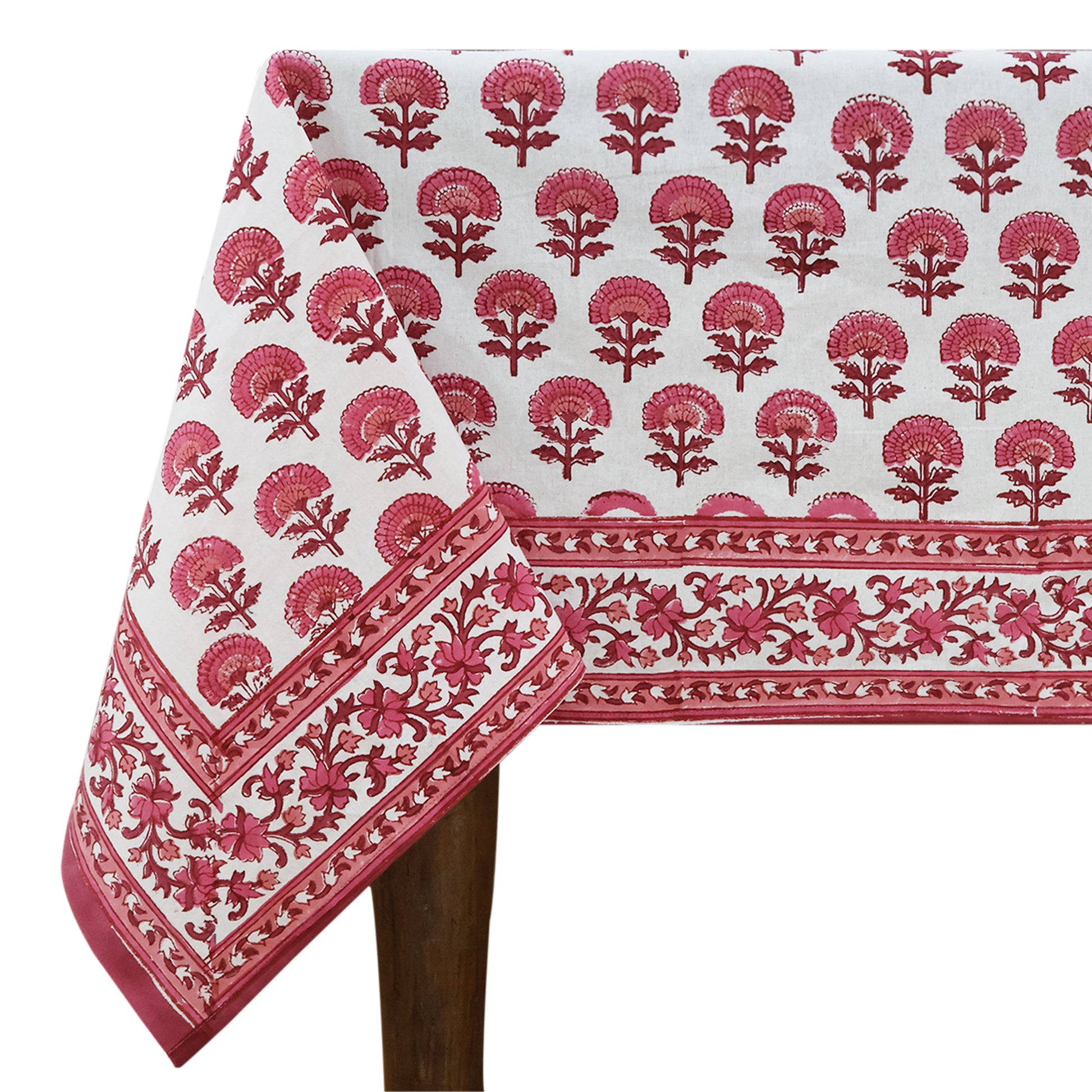 Hand Block Printed Cotton Pink and White Tablecloth for Dinning Decor - My Store