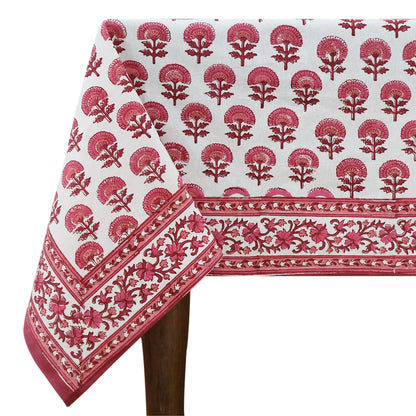 Hand Block Printed Cotton Pink and White Tablecloth for Dinning Decor - My Store