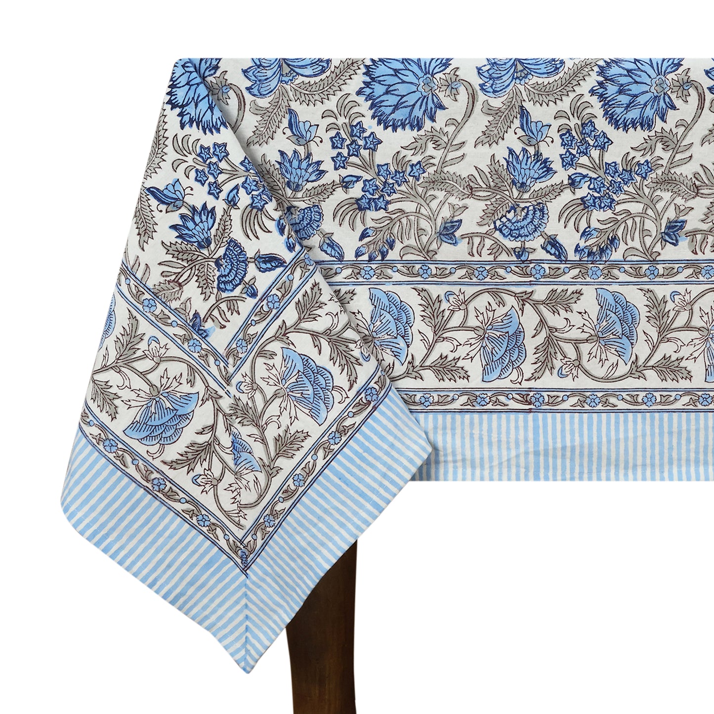 Blue and White Indian Floral Hand Block Printed Cotton Tablecloth, Table Cover - My Store