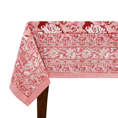 Indian Handmade Block Printed Cotton Pink and White Rectangle Tablecloth - My Store