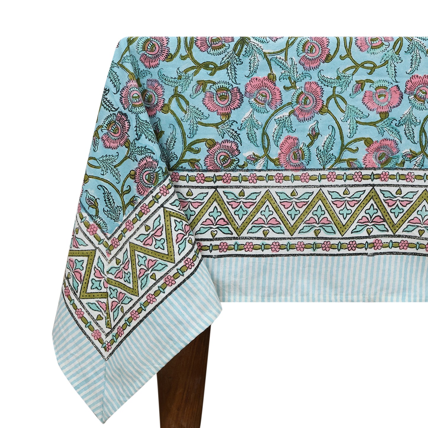 Floral Blue Pink Hand Block Printed Rectangle Dinning Table Cover - My Store