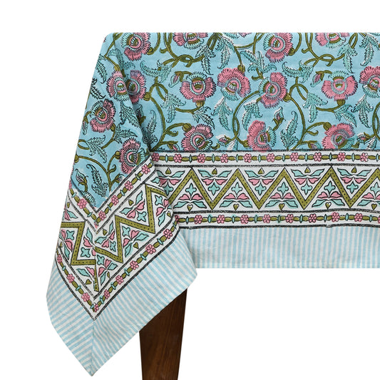 Floral Blue Pink Hand Block Printed Rectangle Dinning Table Cover - My Store