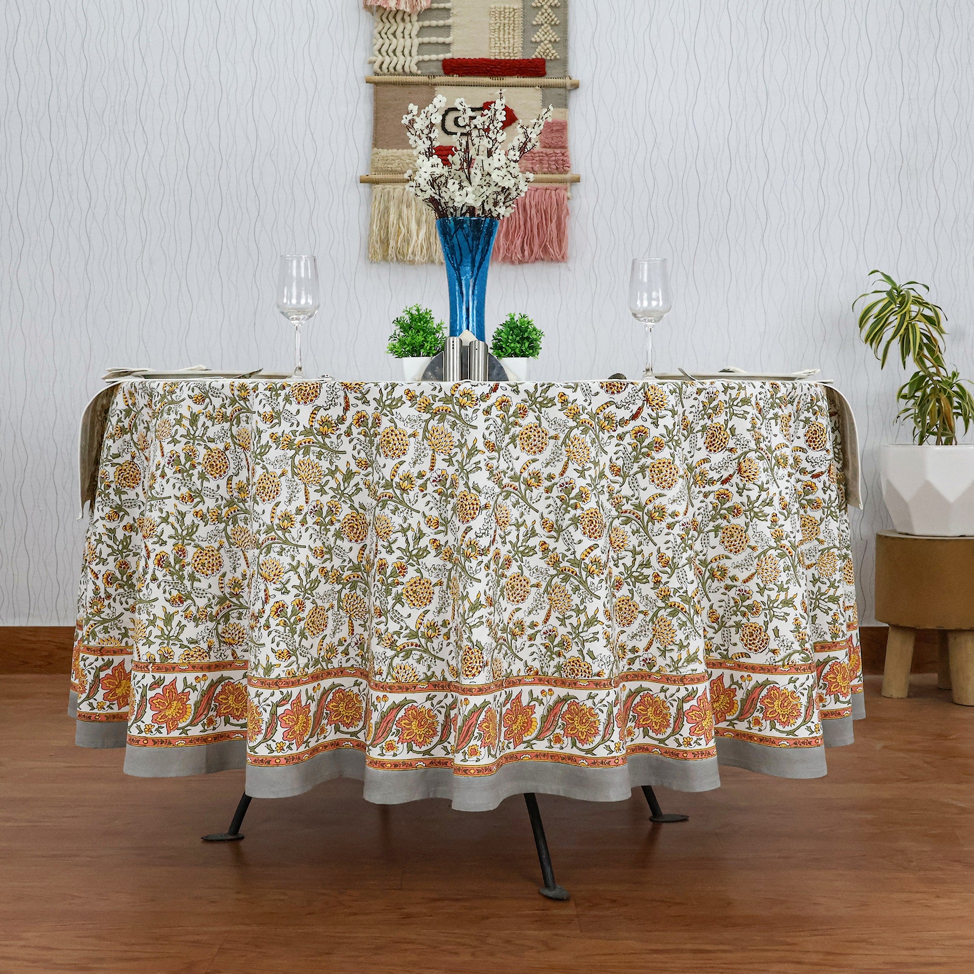 Grey and White Floral Block Printed Table Cloth For Valentine Decor - My Store