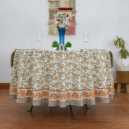 Grey and White Floral Block Printed Table Cloth For Valentine Decor - My Store