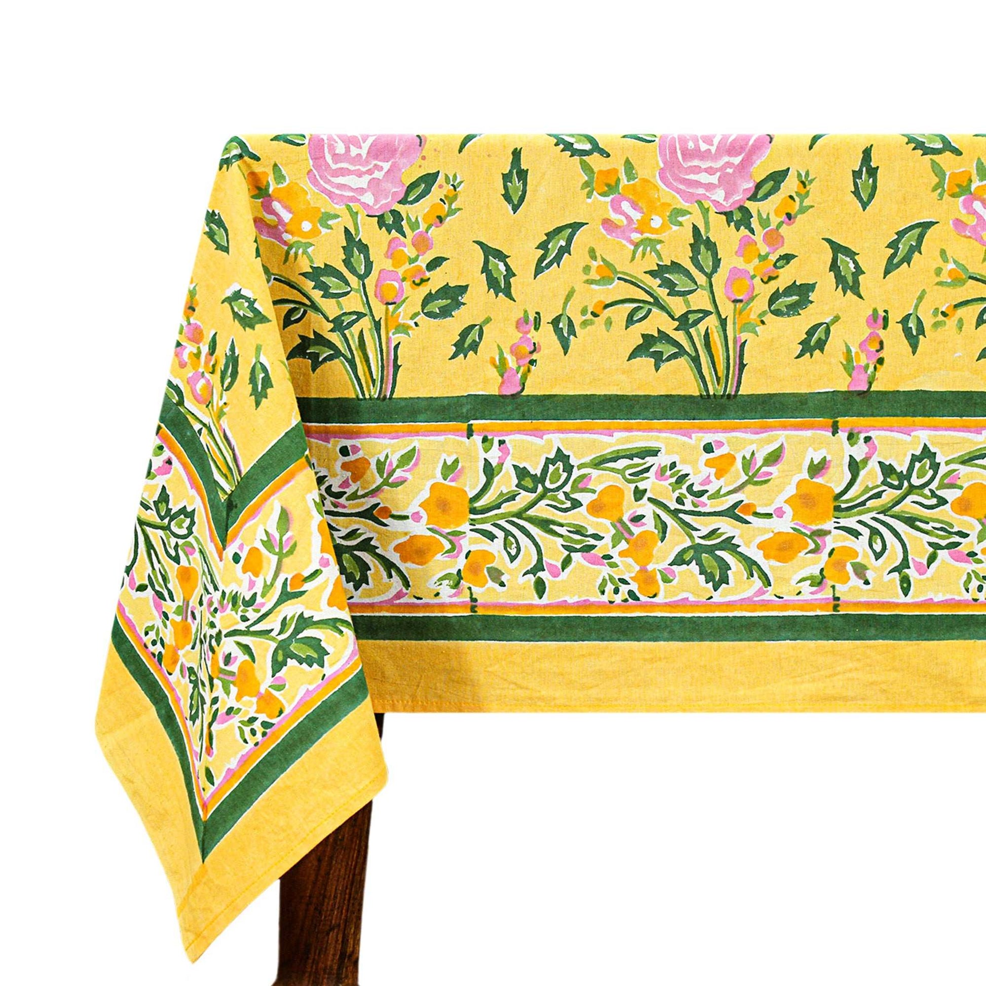 Indian Floral Yellow & Pink Block Printed Table Cover - My Store
