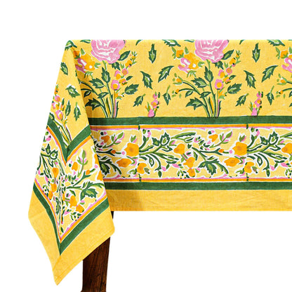Indian Floral Yellow & Pink Block Printed Table Cover - My Store