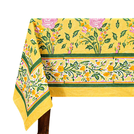 Indian Floral Yellow & Pink Block Printed Table Cover - My Store