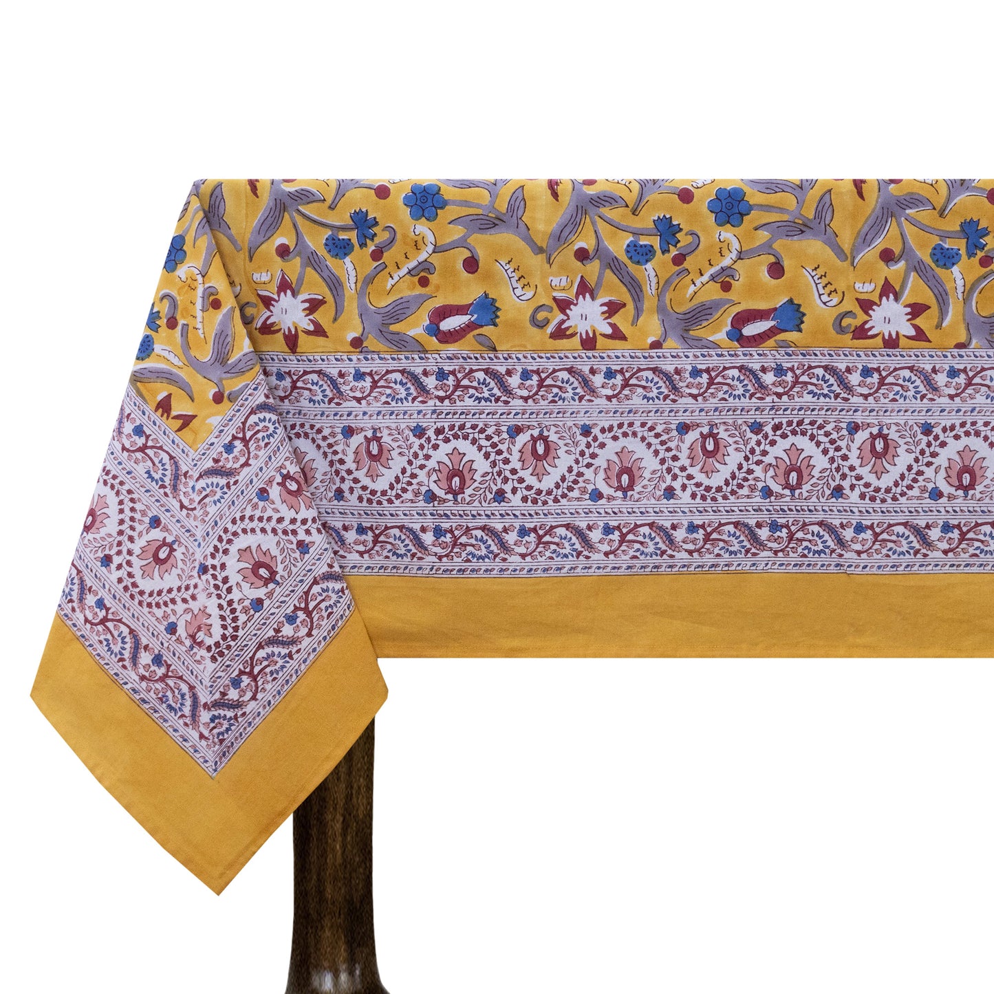 Indian Block Printed - Handmade Cotton Tablecloth - Old Gold With Floral Table Cover - My Store