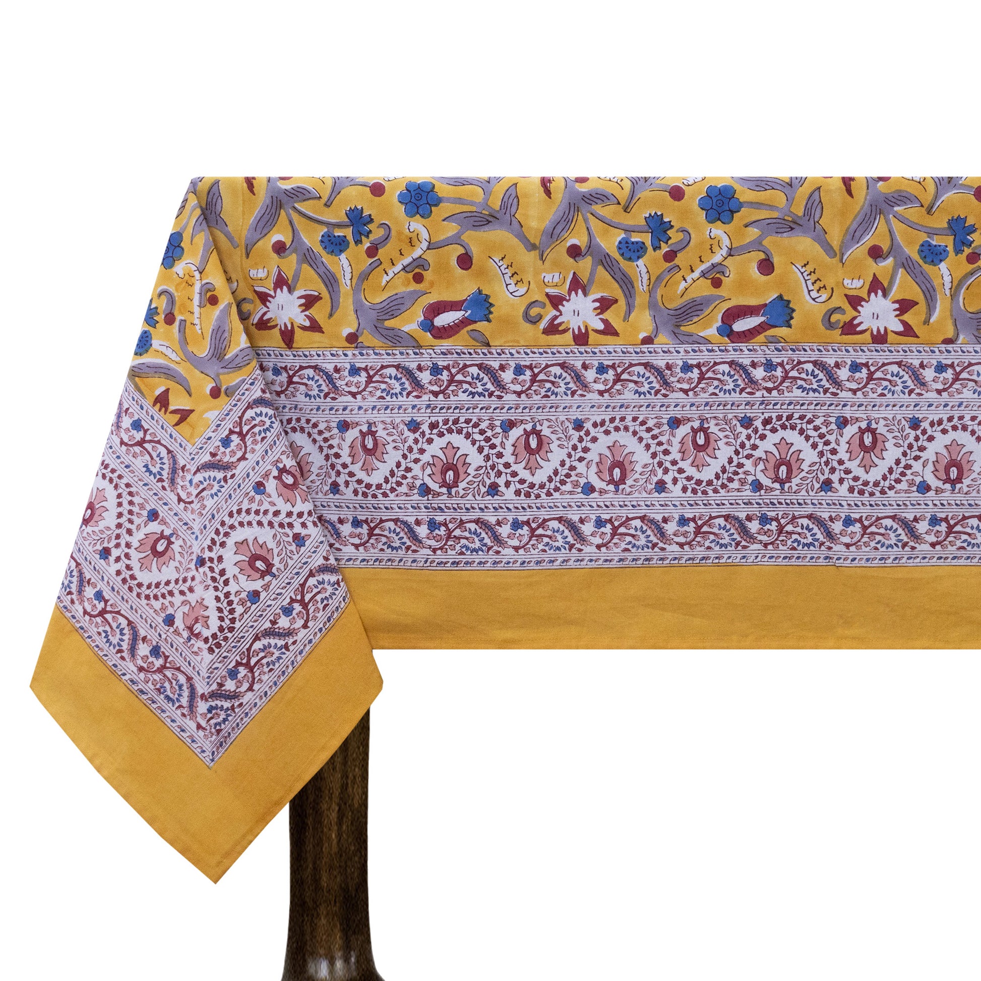 Indian Block Printed - Handmade Cotton Tablecloth - Old Gold With Floral Table Cover - My Store