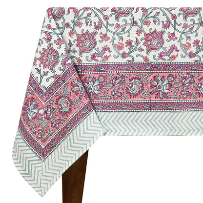 Indian Handmade Block Printed Pink White Cotton Table Cover Rectangle Tablecloth - My Store