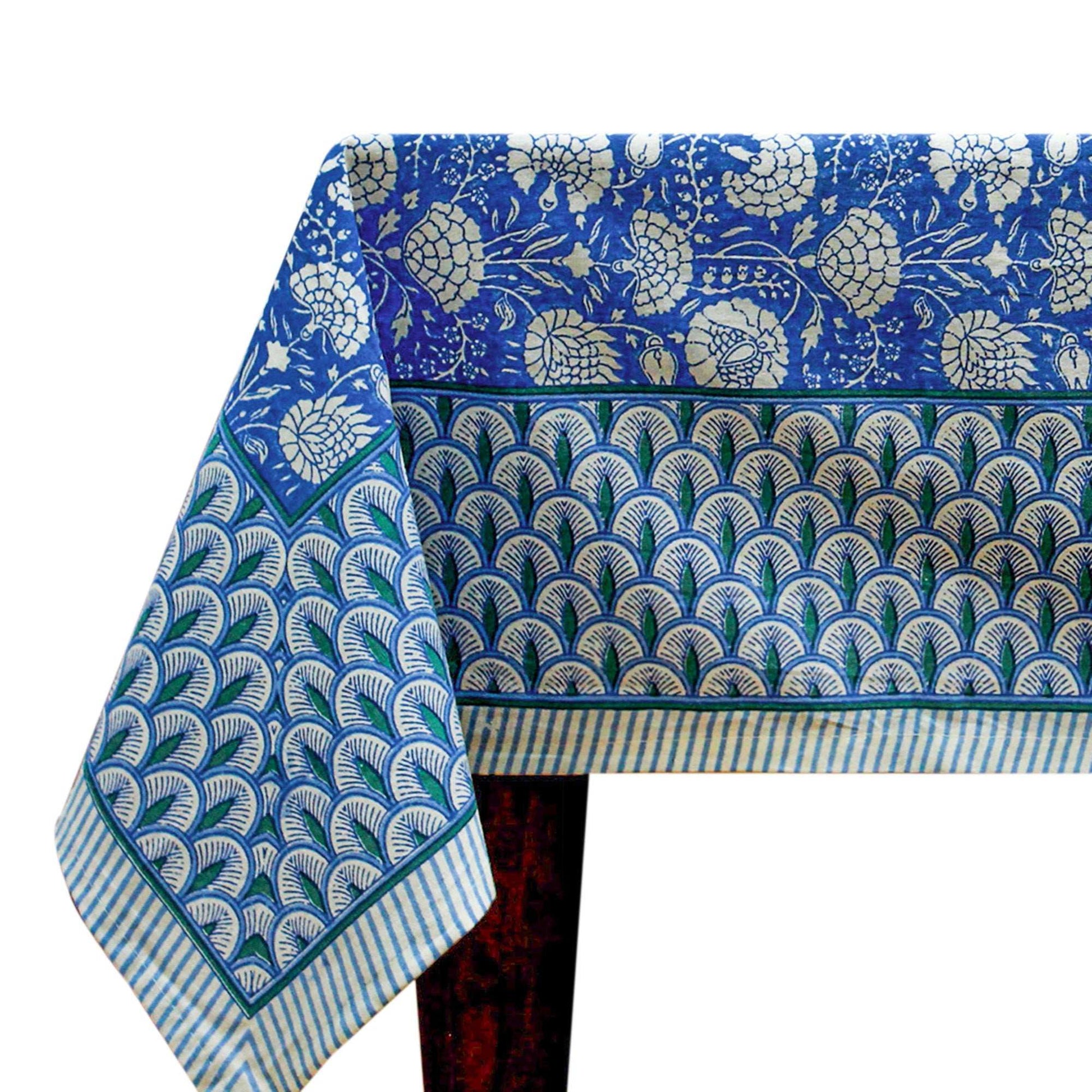 Blue and White Floral Hand Block Printed Cotton Tablecloth - My Store