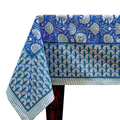 Blue and White Floral Hand Block Printed Cotton Tablecloth - My Store