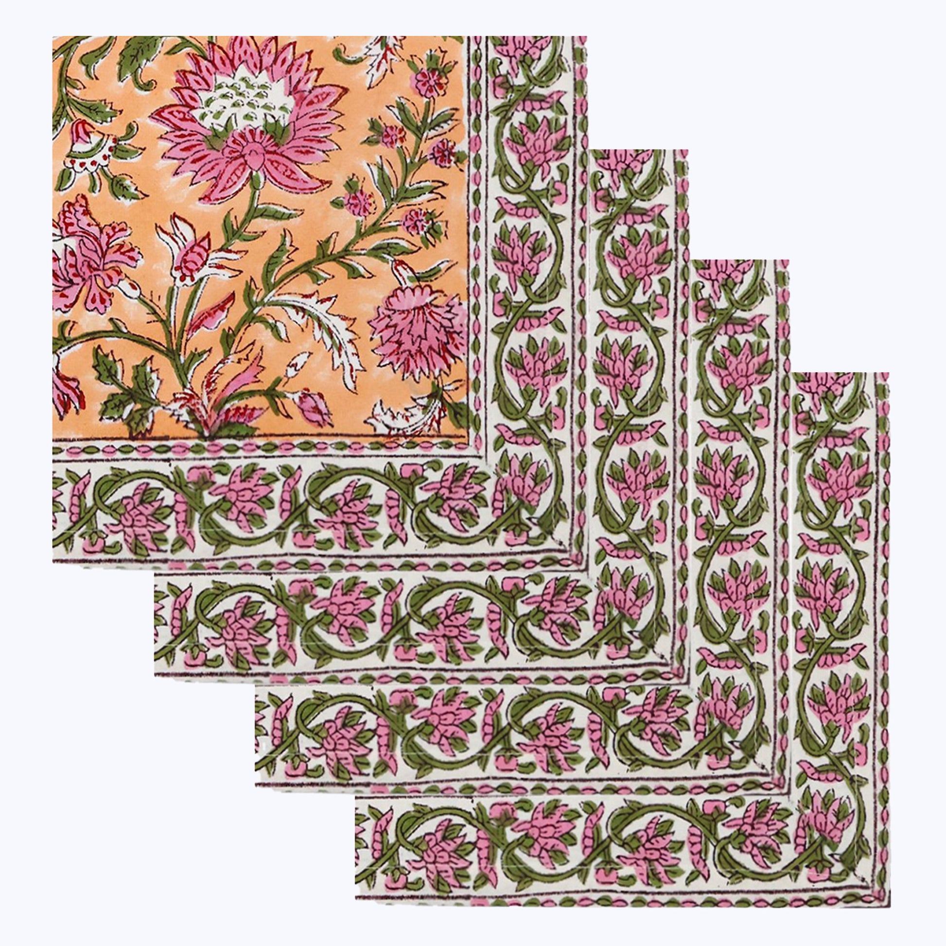Orange and Pink Hand Block Printed Cotton Napkins Set Of 4 - My Store
