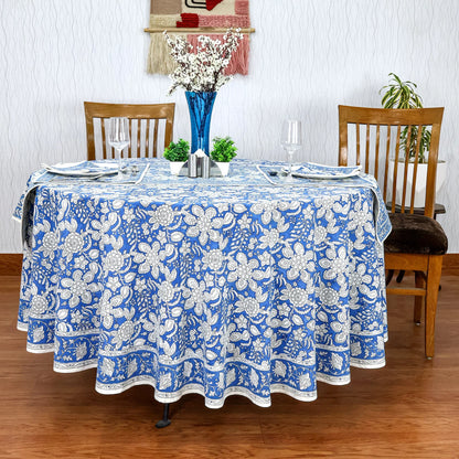 Cerulean Blue Base and White Floral Hand Block Printed Cotton - My Store