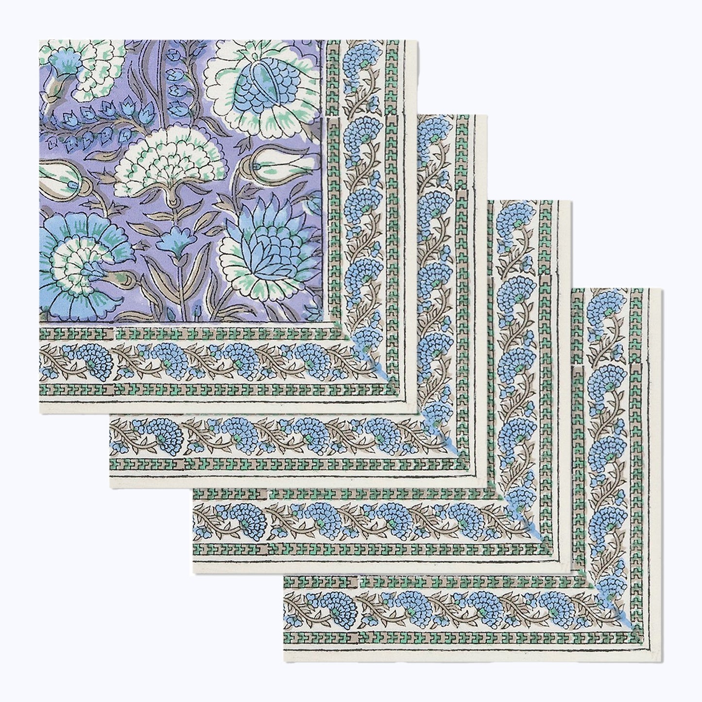 Purple and Green Block Printed Cotton Set Of 4 Napkins - My Store
