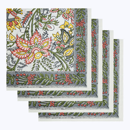Green and White Hand Block Printed Cotton Napkins Set Of 4 - My Store