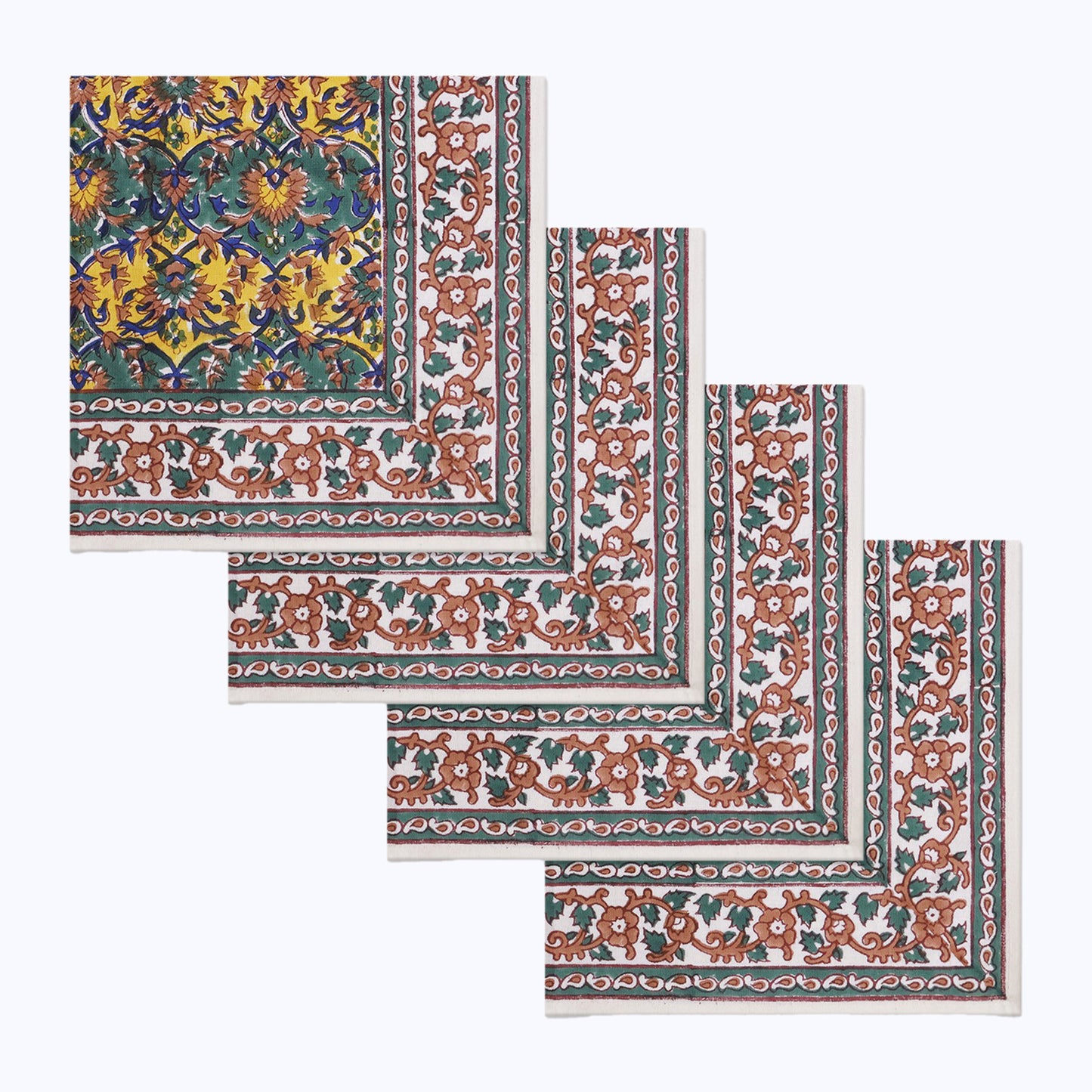 Green & Yellow Handmade Block Printed Cotton Napkins Set Of 4 Pieces - My Store