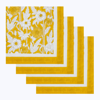 Yellow and White Hand Block Printed Napkins Set Of 4 - My Store