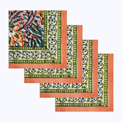 Orange and Green Block Printed Set Of 4 Napkins - My Store