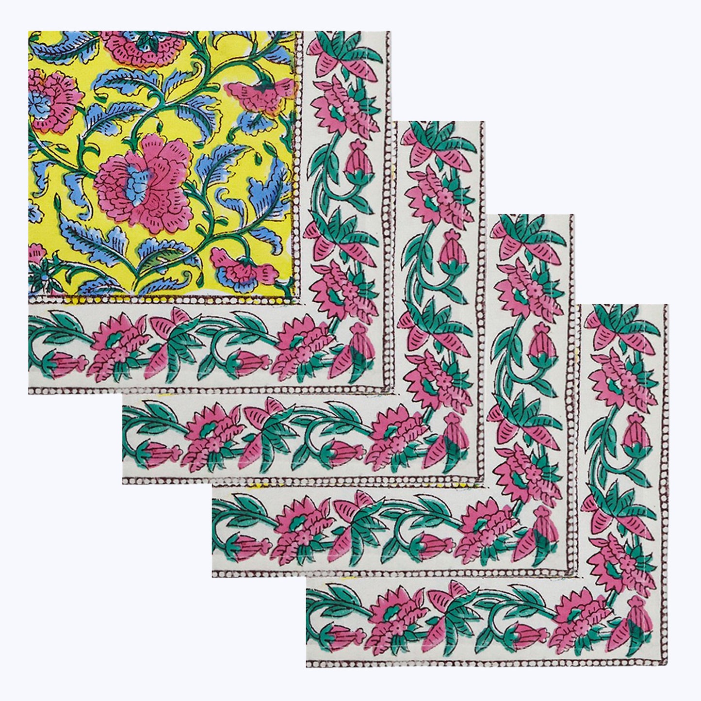 Yellow and Pink Hand Block Printed Cotton Napkins Set Of 4 - My Store