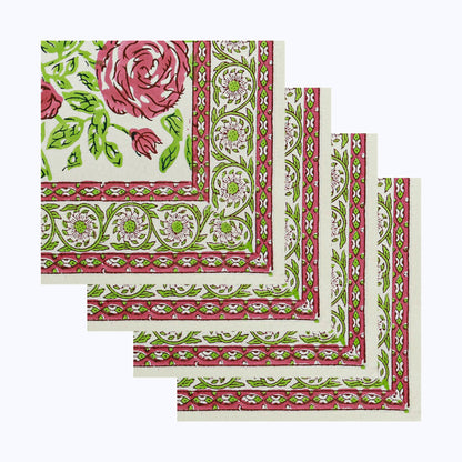 Pink and Green Hand Block Printed 4 Pieces Cotton Napkins - My Store