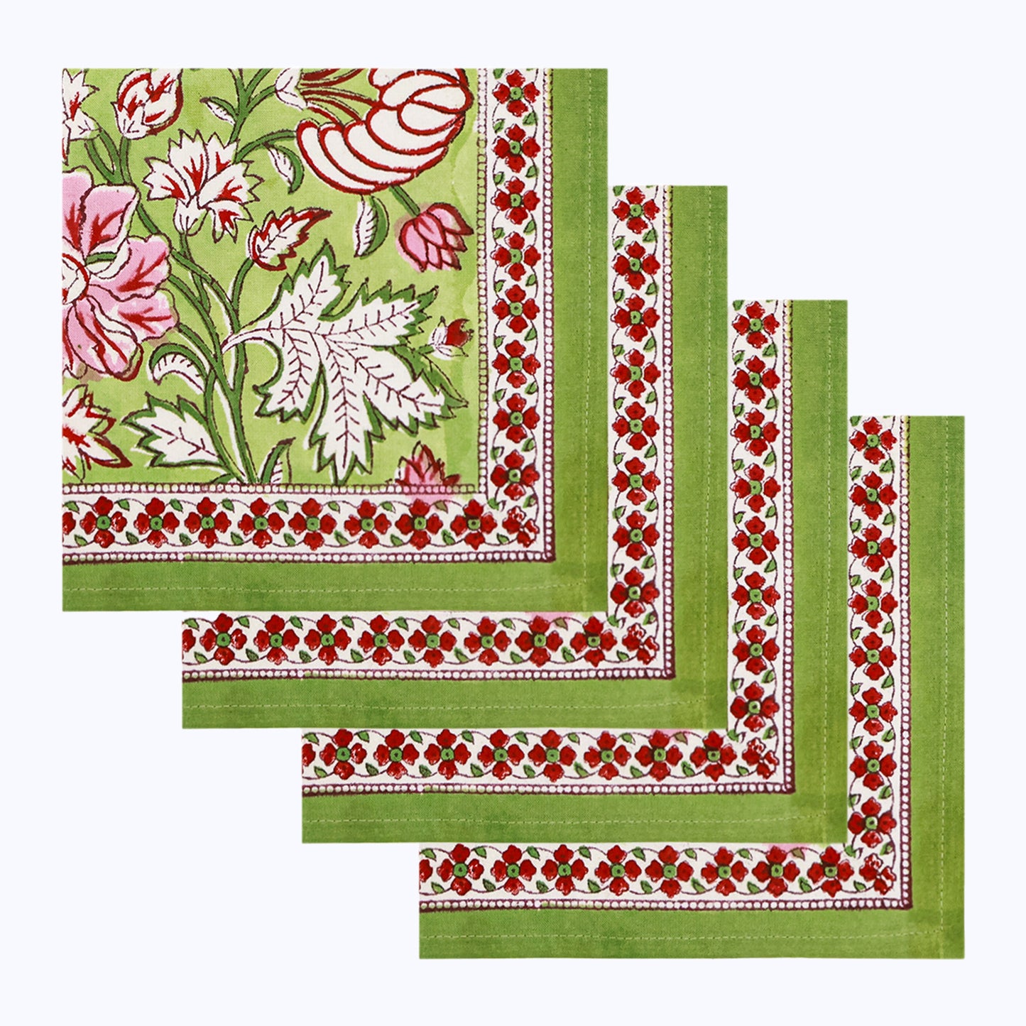 Green and Red Hand Block Printed Cotton Napkins Set Of 4 - My Store