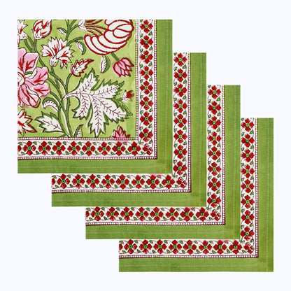 Green and Red Hand Block Printed Cotton Napkins Set Of 4 - My Store