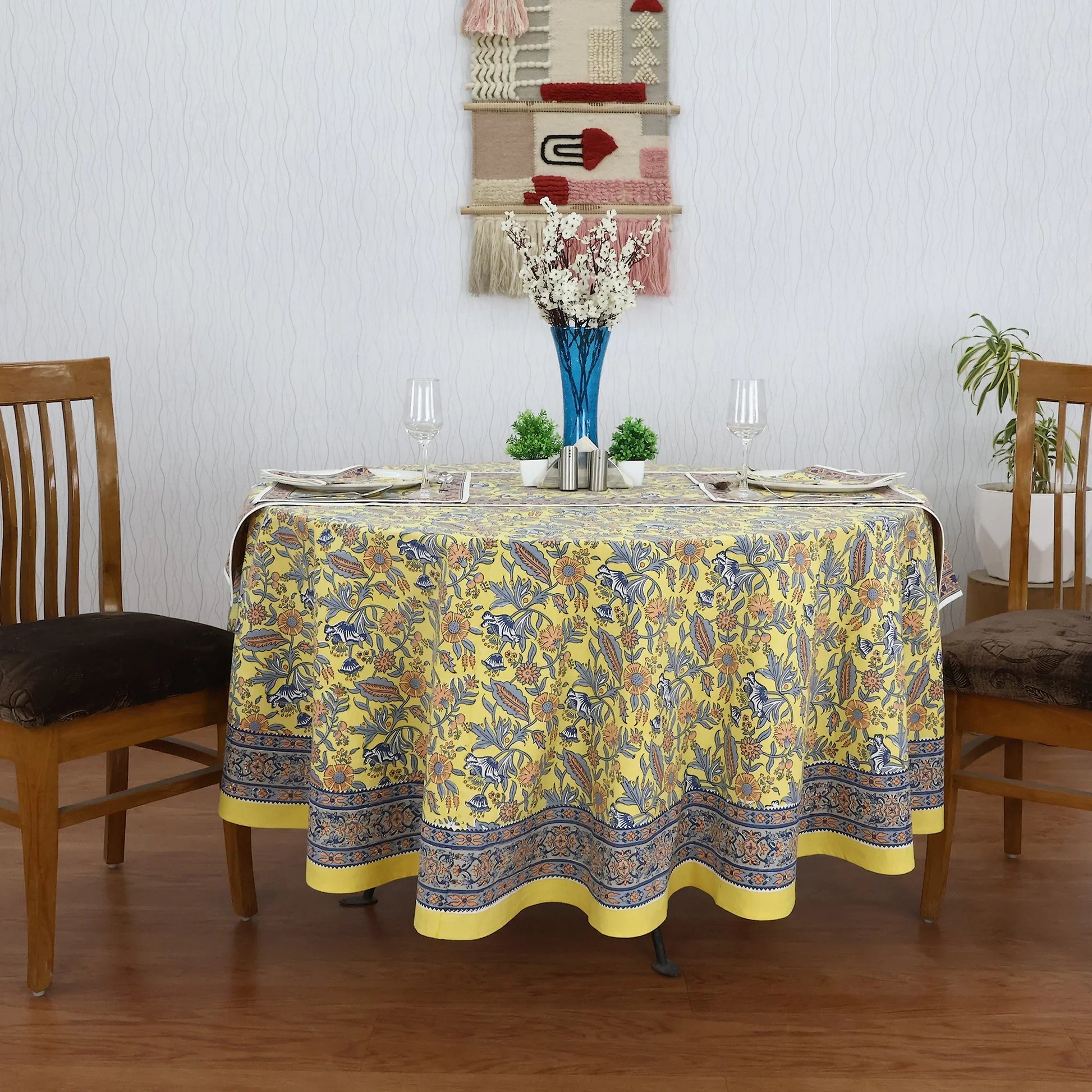 Blue & Yellow Cotton Hand Block Printed Round Tablecloth - My Store