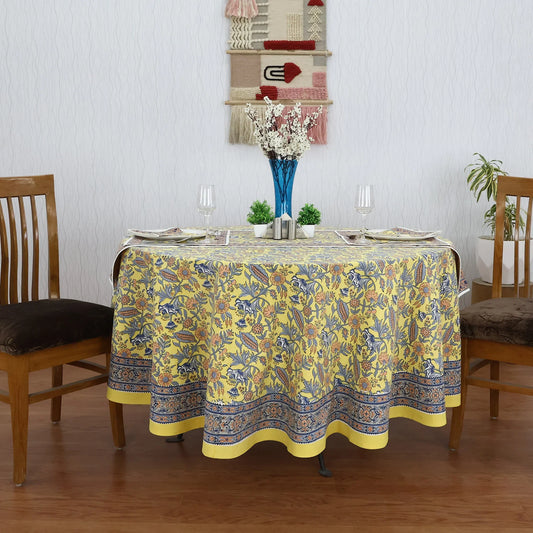 Blue & Yellow Cotton Hand Block Printed Round Tablecloth - My Store