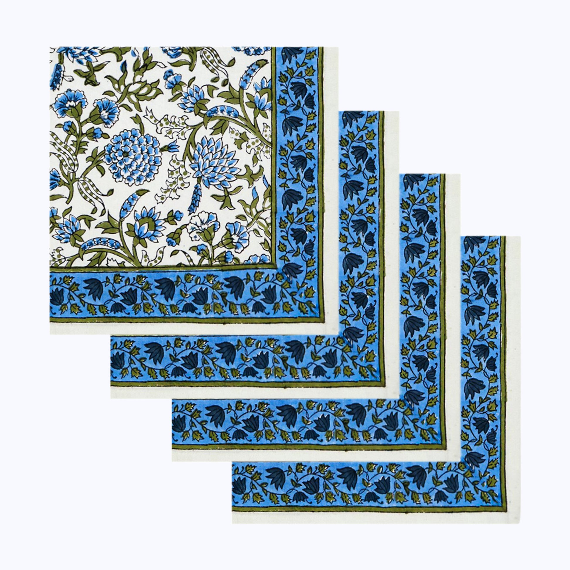 Blue and White Handmade Cotton Block Printed Napkins Set of 4 - My Store