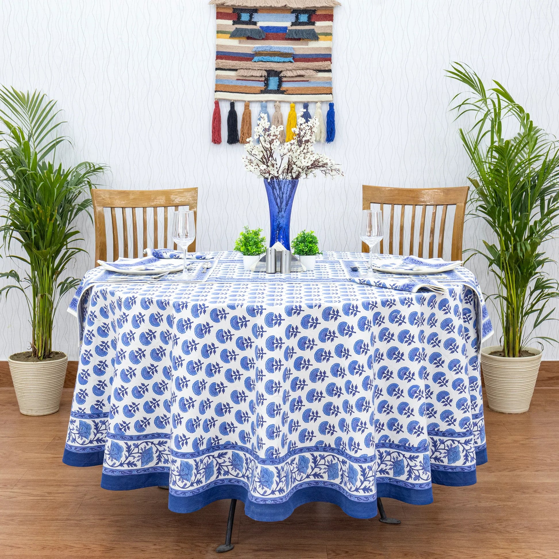 Blue & White Round Tablecloth, Custom Size Table Linens - My Store