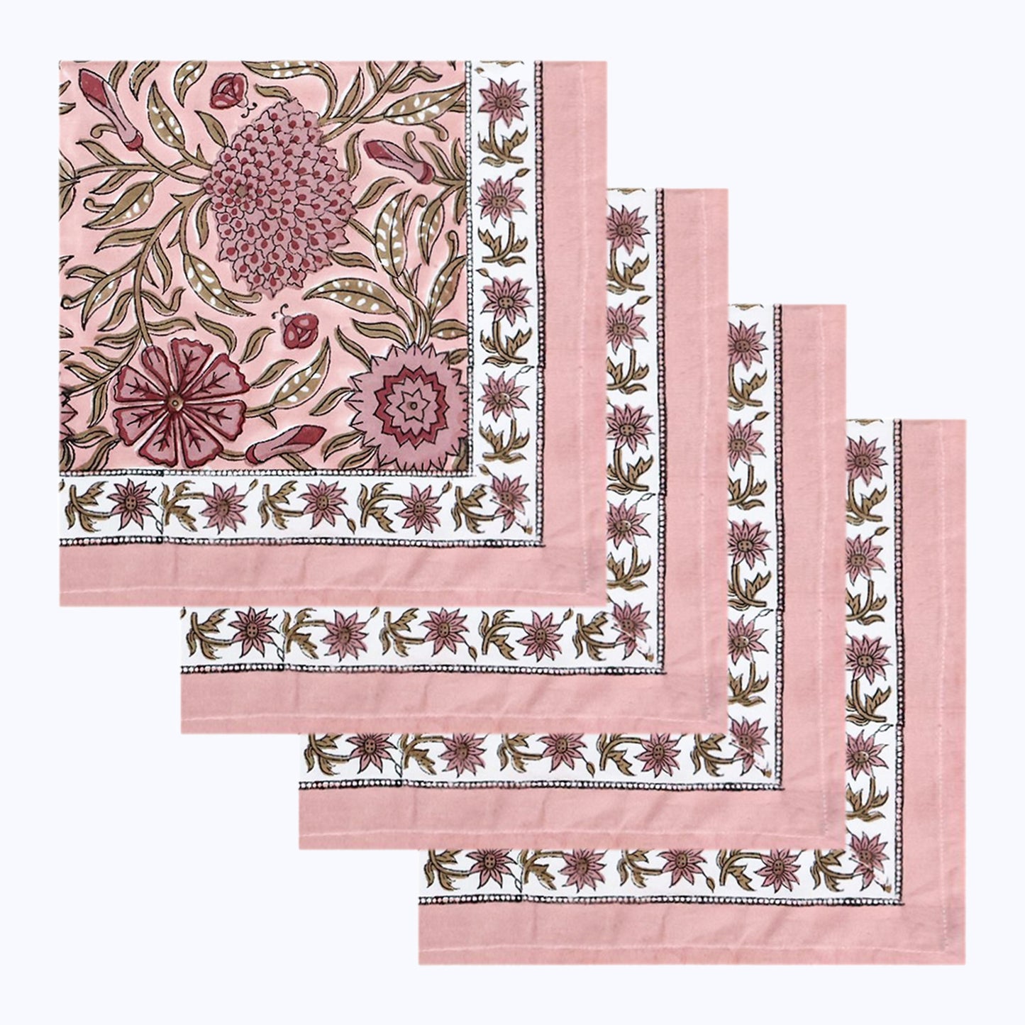 Pink Handmade Block Printed Cotton Napkins Set Of 4 Pieces - My Store