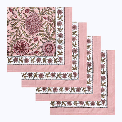Pink Handmade Block Printed Cotton Napkins Set Of 4 Pieces - My Store