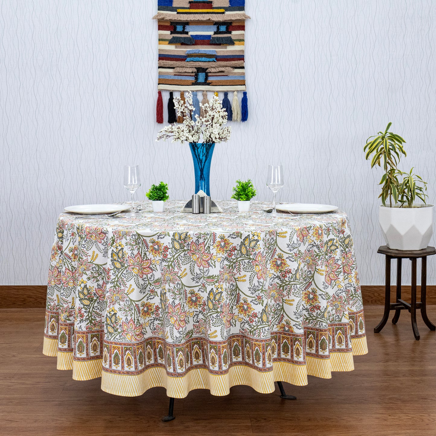 Teal Blue and White Floral Table Cloth, Block Printed Table Cover, Round Table Cloth - My Store