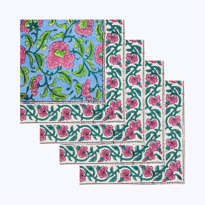 Pink and Green Hand Block Printed Cotton Napkins Set Of 4 - My Store