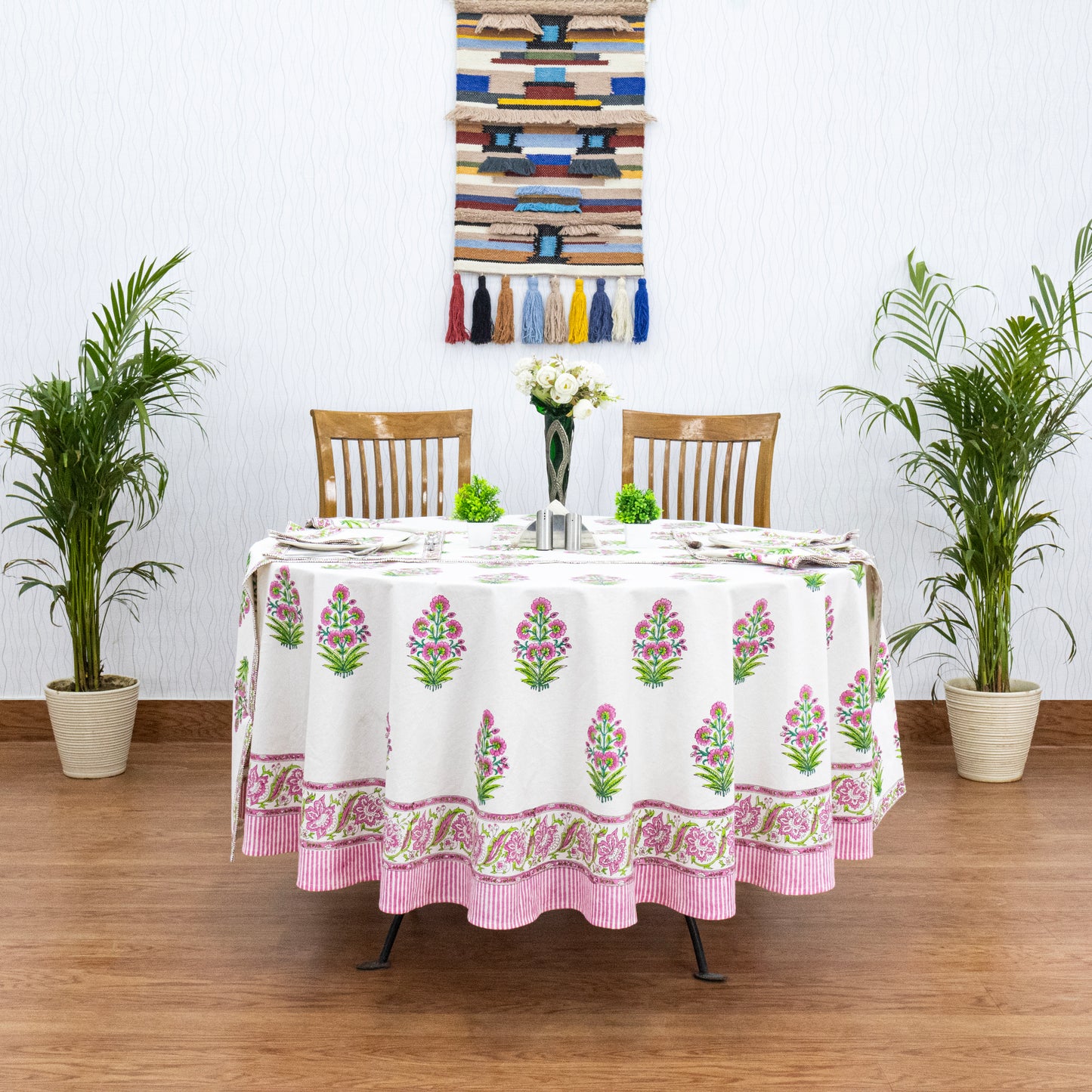White and Pink Handmade Block Printed Cotton Tablecloth - My Store