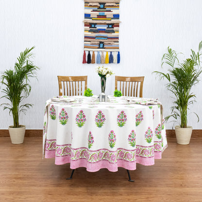 White and Pink Handmade Block Printed Cotton Tablecloth - My Store